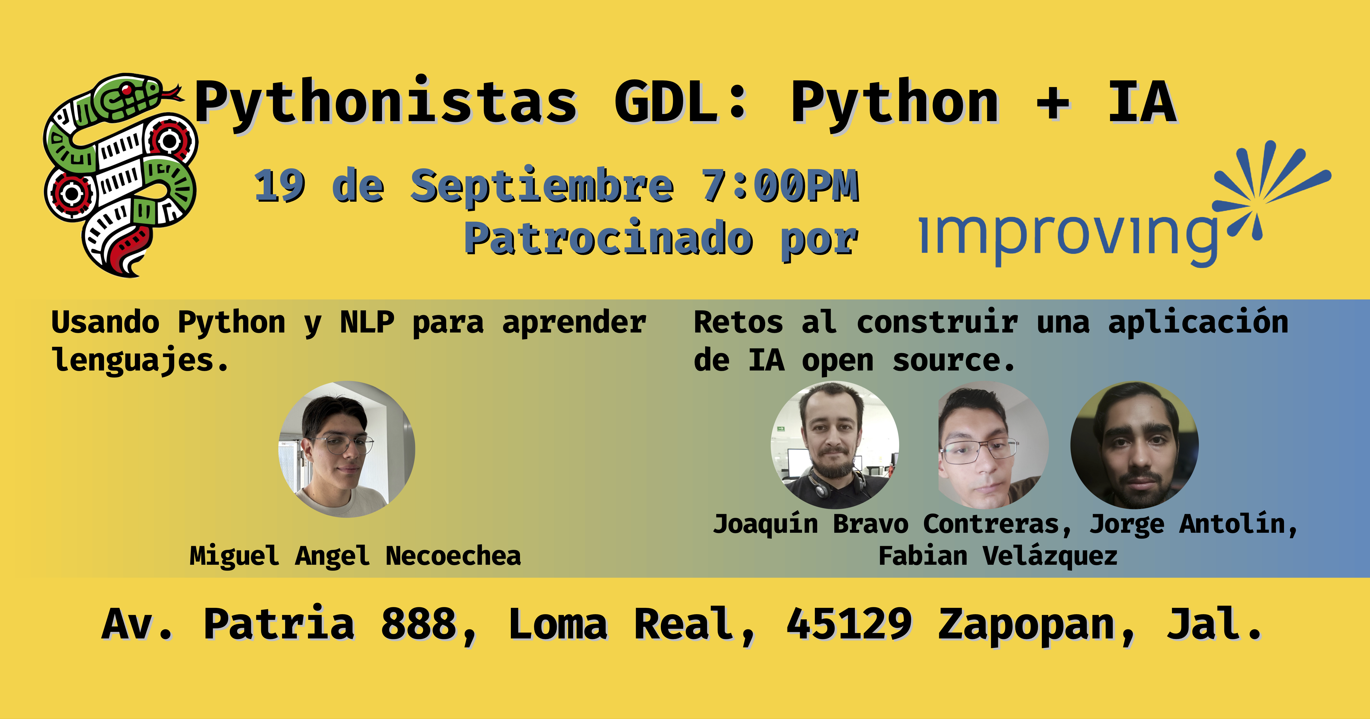 Programa detallado de la reunión de Pythonistas GDL del 19 de septiembre con horarios y ponentes