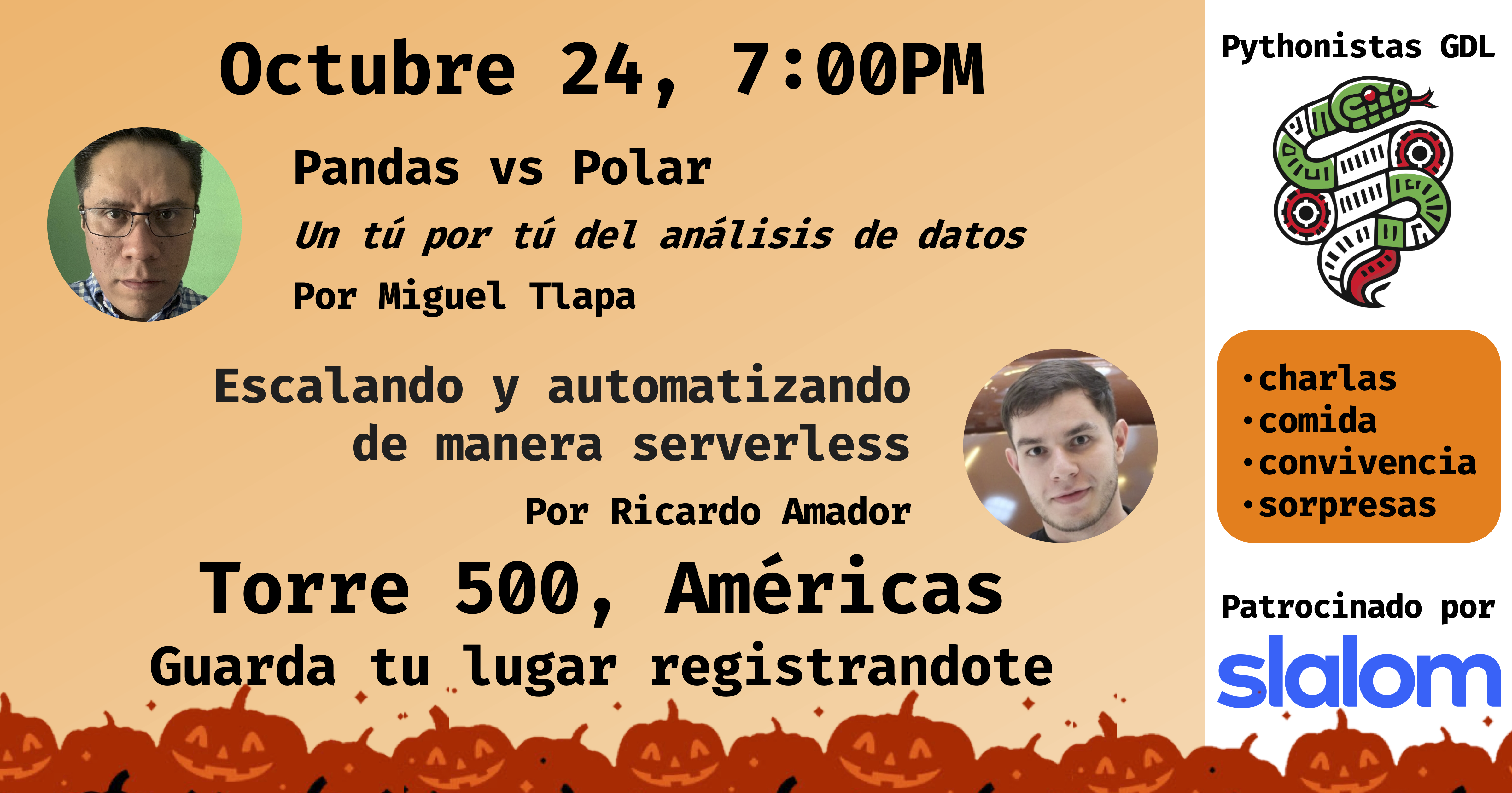 Programa detallado de la reunión de Pythonistas GDL del 24 de octubre con horarios y ponentes