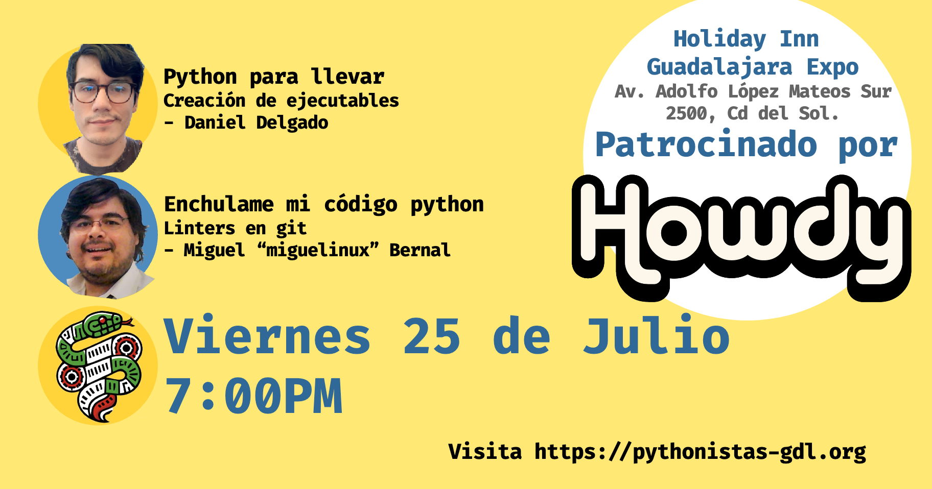 Programa detallado con ponentes y horarios de la reunión de julio de Pythonistas GDL