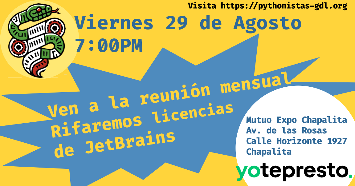 Anuncio oficial de la rifa de licencias JetBrains en la reunión de Pythonistas GDL programada para el 29 de agosto de 2025